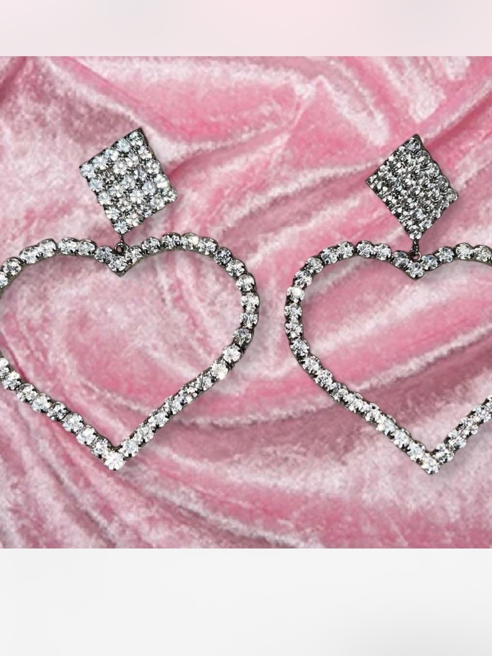 Rhinestone Heart Drop Earrings - Silver Tone